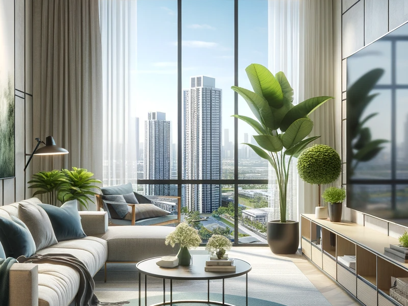 Spacious living room with modern furniture